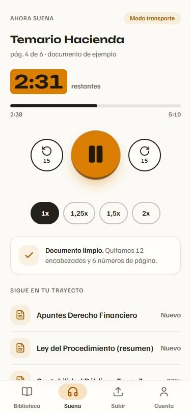 Pantalla Ahora suena en modo transporte, con el botón Play grande y el tiempo restante